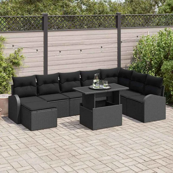 Ensemble de canapé de jardin 9 pcs Noir Poly rotin
