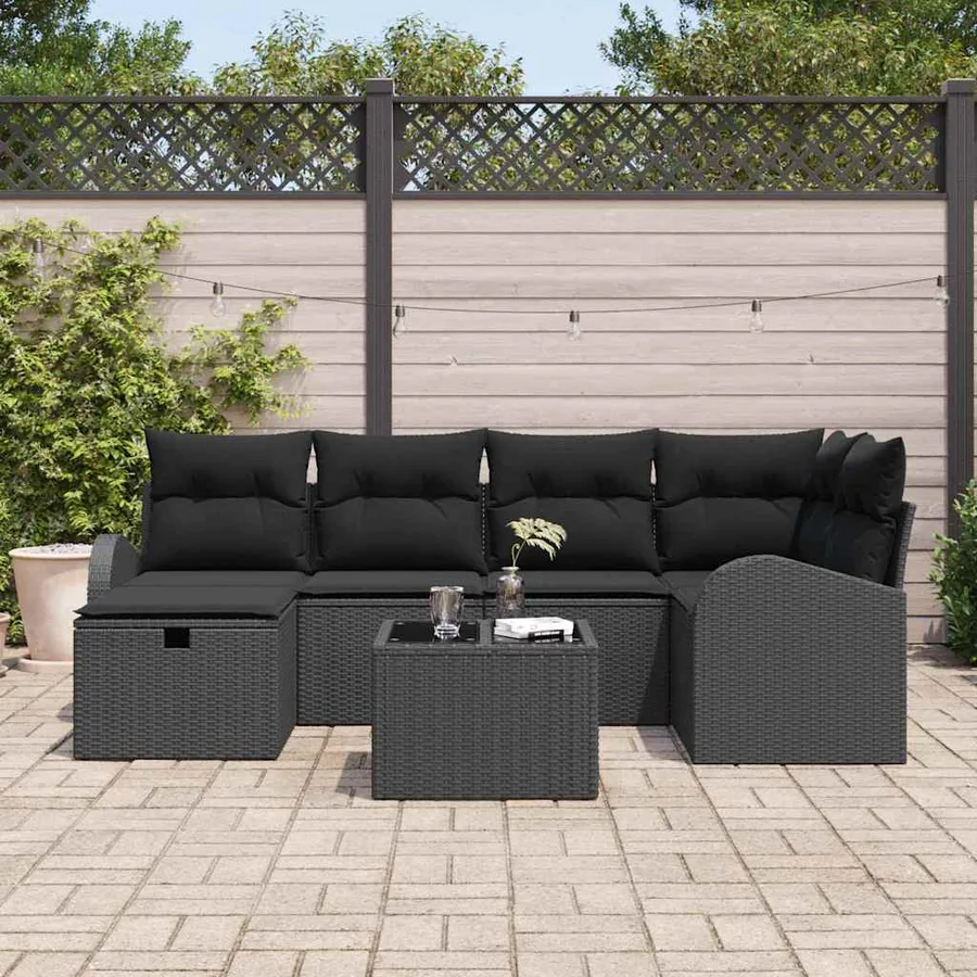 Ensemble de canapé de jardin avec coussin 7 pcs Noir Poly rotin - 3