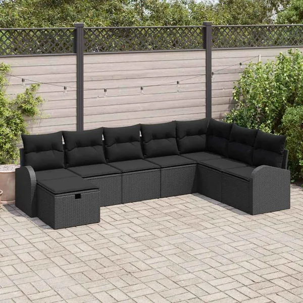 Ensemble de canapé de jardin avec coussin 8 pcs Noir Poly rotin