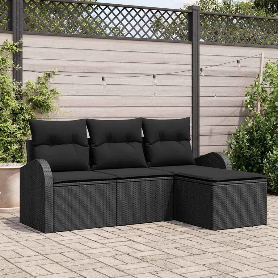 Ensemble de Canapés avec coussin 4 pcs Noir polyrotin