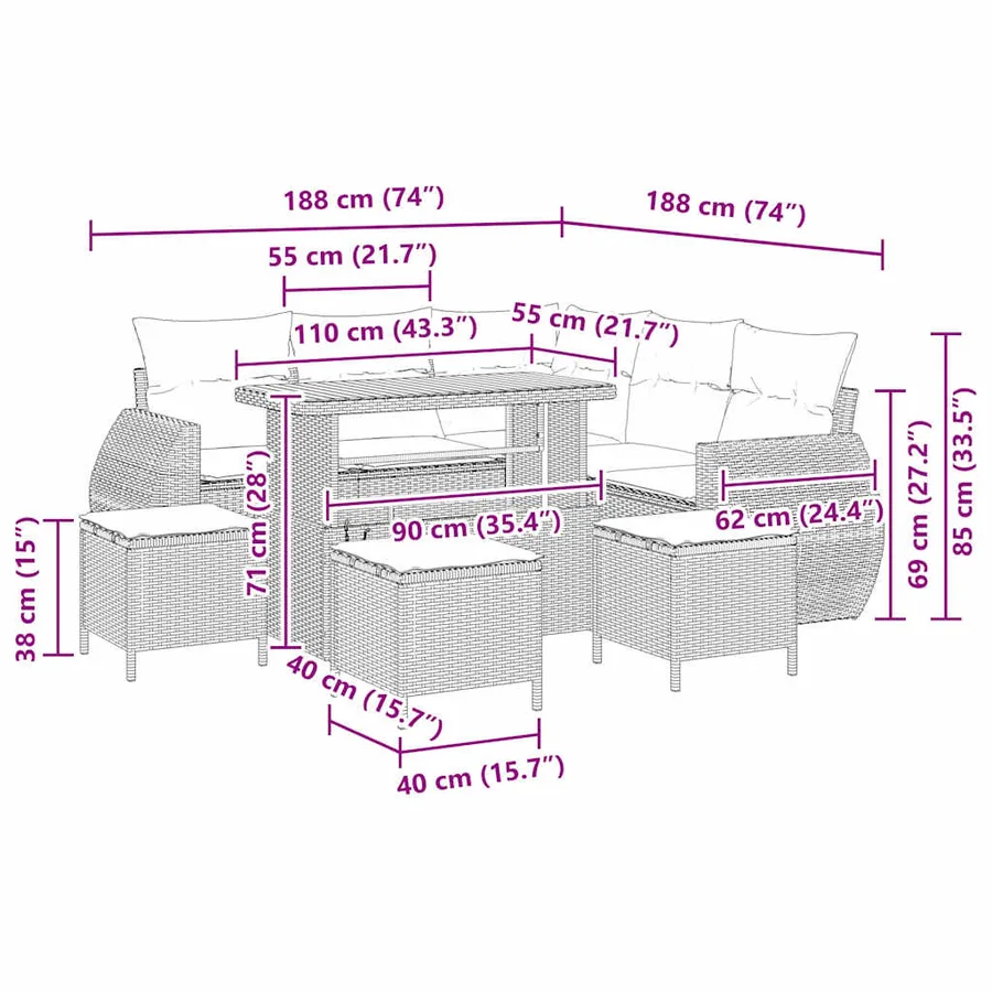Ensemble de canapé de jardin 9 pcs Gris polyrotin - 14