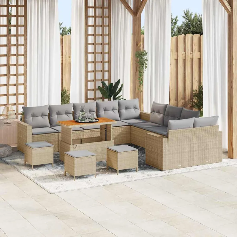 Ensemble de canapé de jardin 14 pcs Beige polyrotin