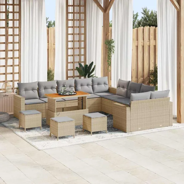 Ensemble de canapé de jardin 14 pcs Beige polyrotin