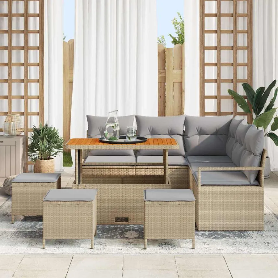 Ensemble de canapé de jardin avec coussin 9 pcs Beige polyrotin - 3
