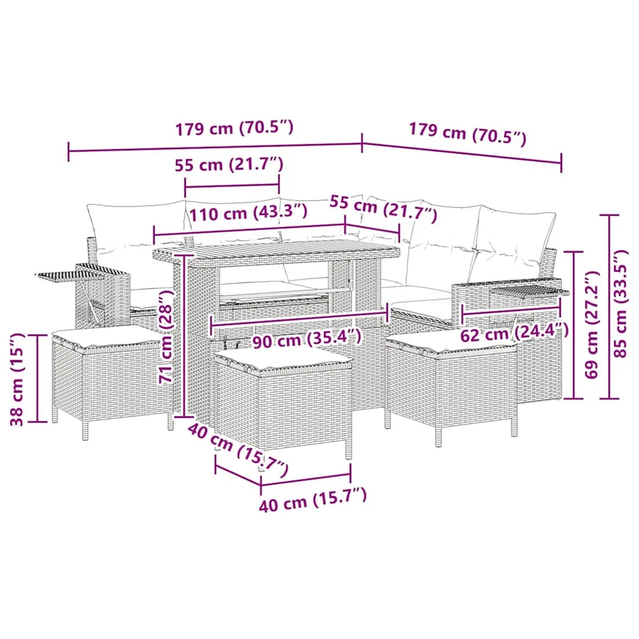 Ensemble de canapé de jardin avec coussin 9 pcs Gris polyrotin - 15