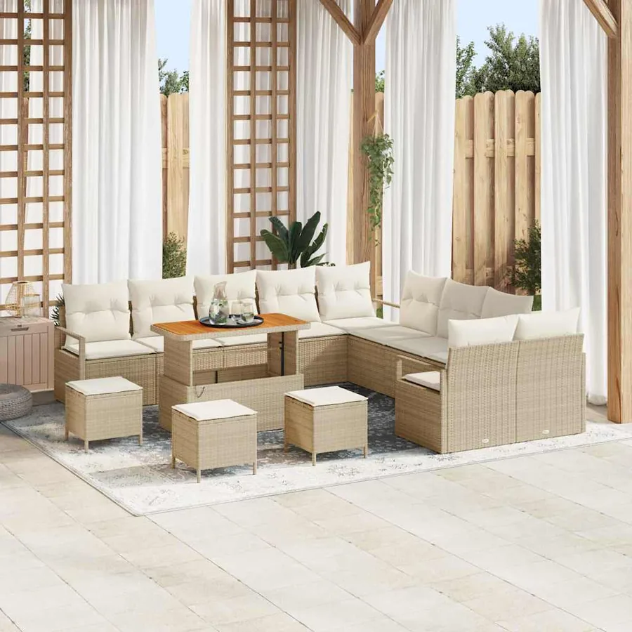Ensemble de canapé de jardin 14 pcs Beige polyrotin