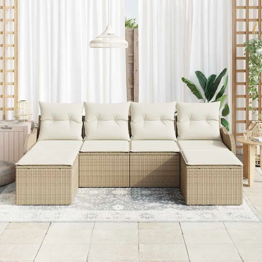 Ensemble de canapé de jardin 6 pcs Beige et blanc Poly rotin - 3