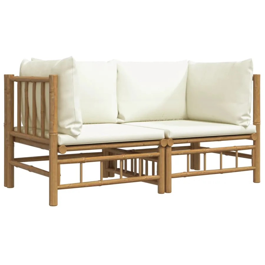 Canapés d'angle de jardin avec coussins blanc crème 2pcs bambou - 3
