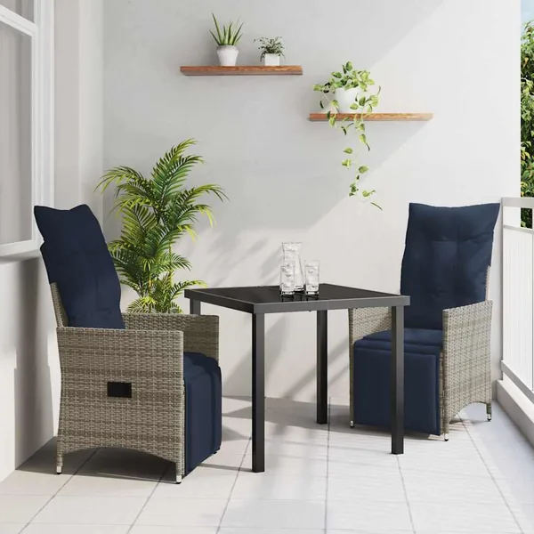 Ensemble table et chaises avec coussin 3 pcs Gris Rotin PE