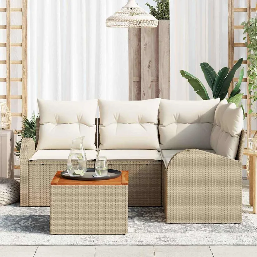 Ensemble de canapé de jardin 5 pcs Beige et crème polyrotin - 3