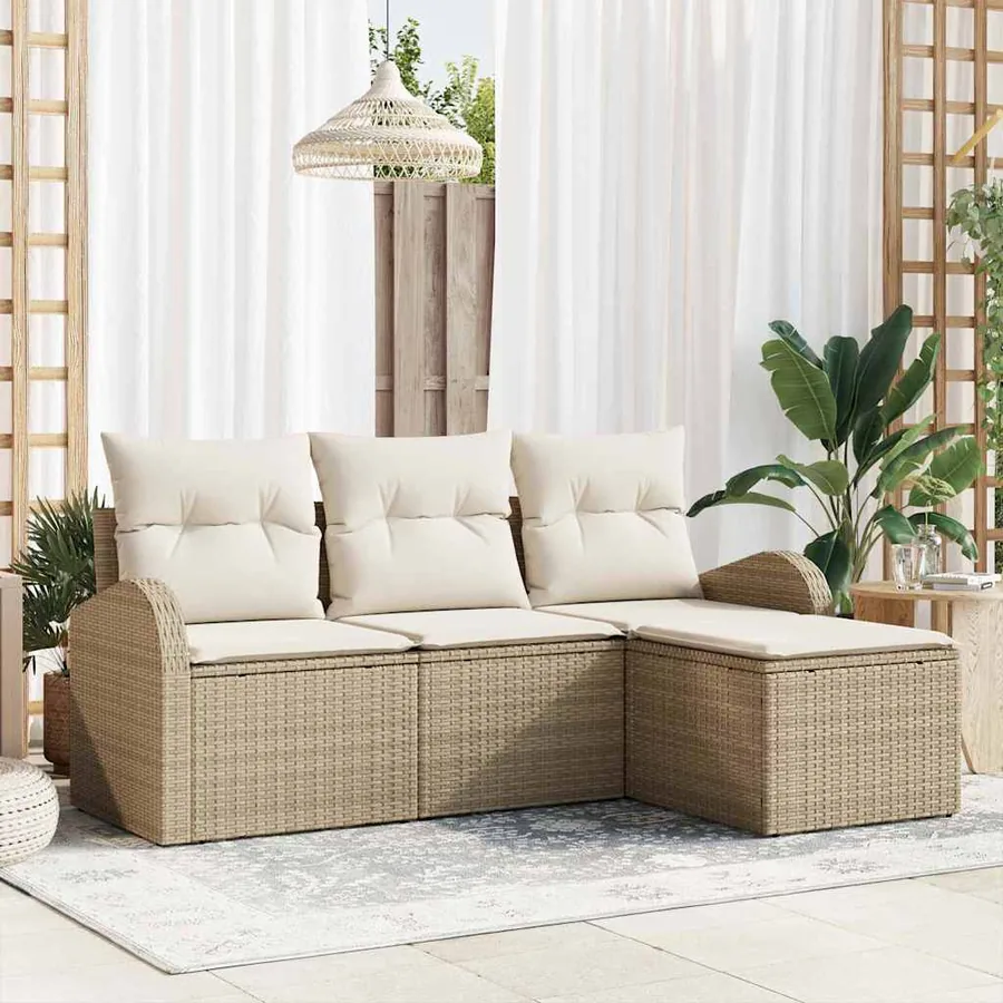 Ensemble de Canapés avec coussin 4 pcs Beige et blanc polyrotin