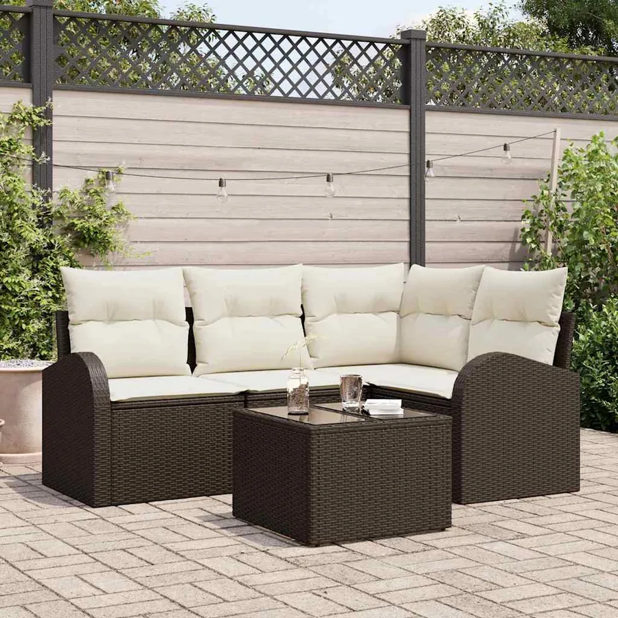 Ensemble de canapé de jardin 5 pcs Marron et blanc polyrotin