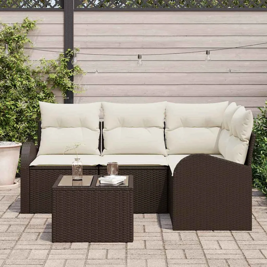 Ensemble de canapé de jardin 5 pcs Marron et blanc polyrotin - 3