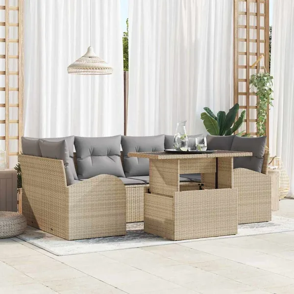 Ensemble de canapé de jardin 7 pcs Beige Poly Rattan