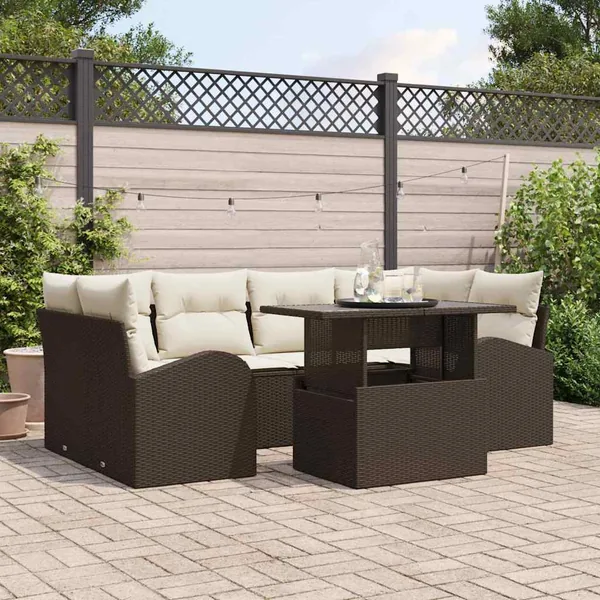 Ensemble de canapé de jardin 7 pcs Marron Poly Rattan