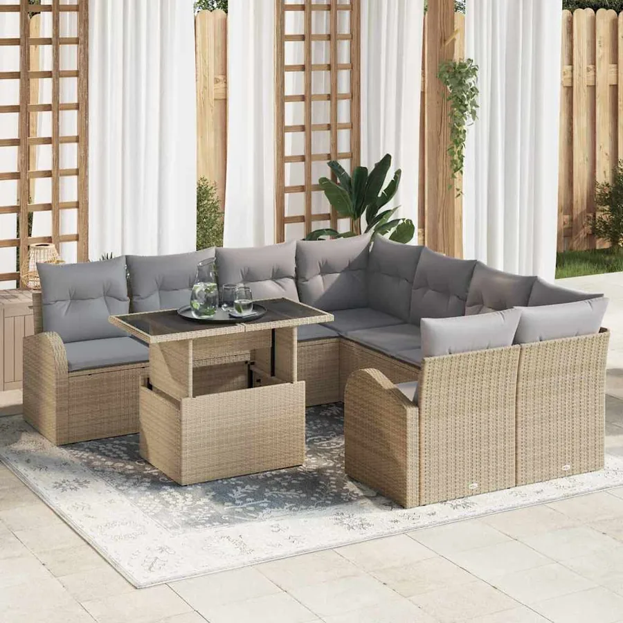 Ensemble de canapé de jardin 9 pcs Beige Poly Rattan