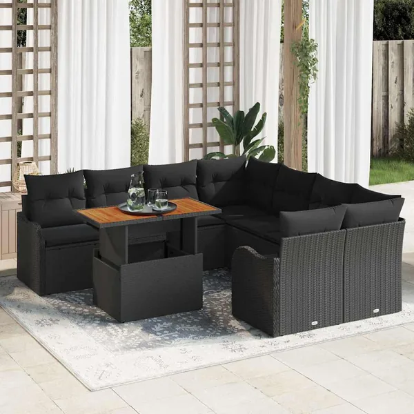 Ensemble de canapé de jardin 9 pcs Noir Poly rotin