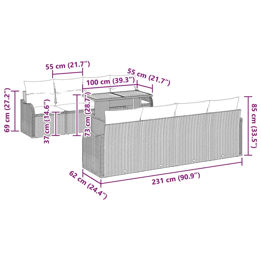Ensemble de canapé de jardin 9 pcs Noir Poly rotin - 13