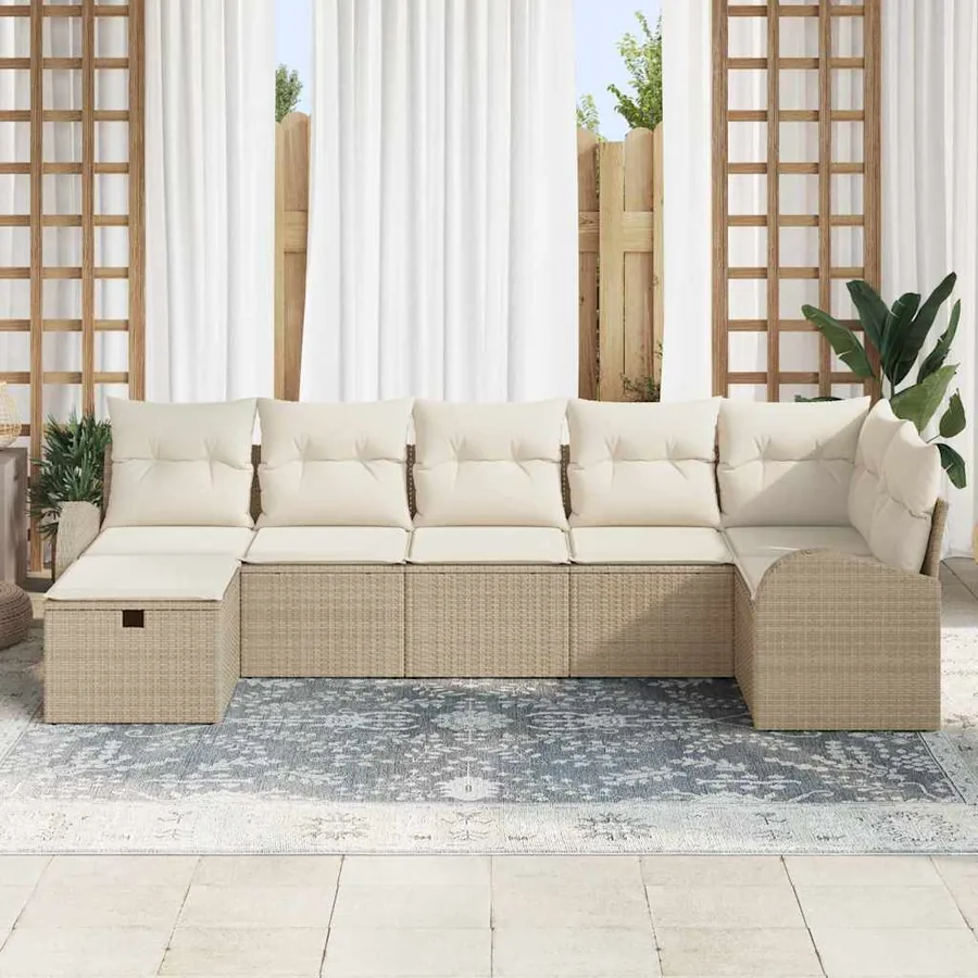 Ensemble de canapé de jardin avec coussin 7 pcs Beige polyrotin - 3