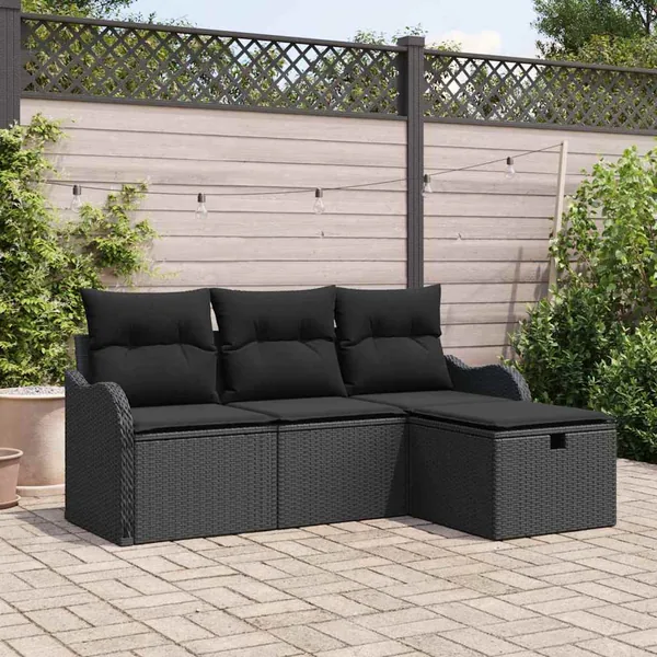 Ensemble de canapé de jardin avec coussin 4 pcs Noir Poly rotin