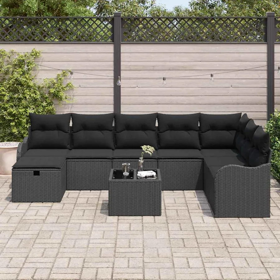 Ensemble de canapé de jardin avec coussin 9 pcs Noir Poly rotin - 3