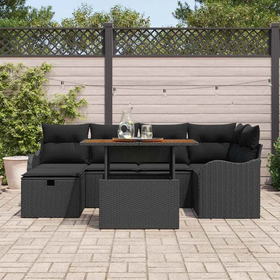 Ensemble de canapé de jardin 7 pcs Noir polyrotin - 3
