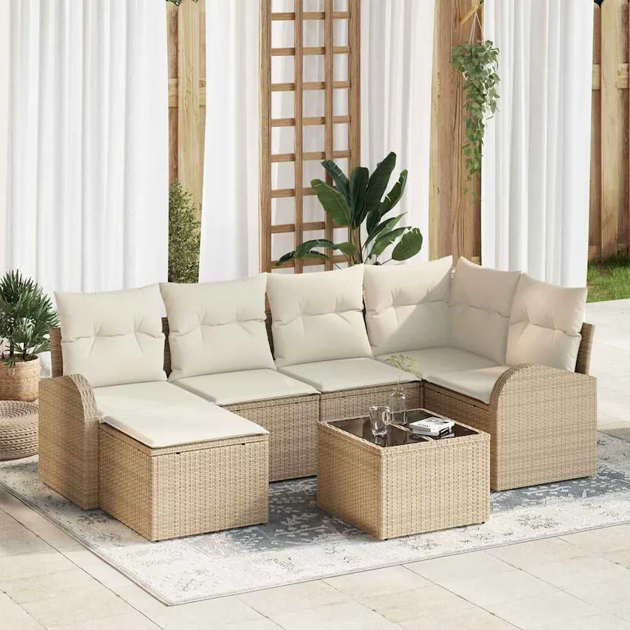 Ensemble de Canapés avec coussin 7 pcs Beige et blanc polyrotin