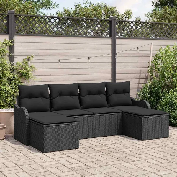 Ensemble de canapé de jardin avec coussin 6 pcs Noir Poly rotin