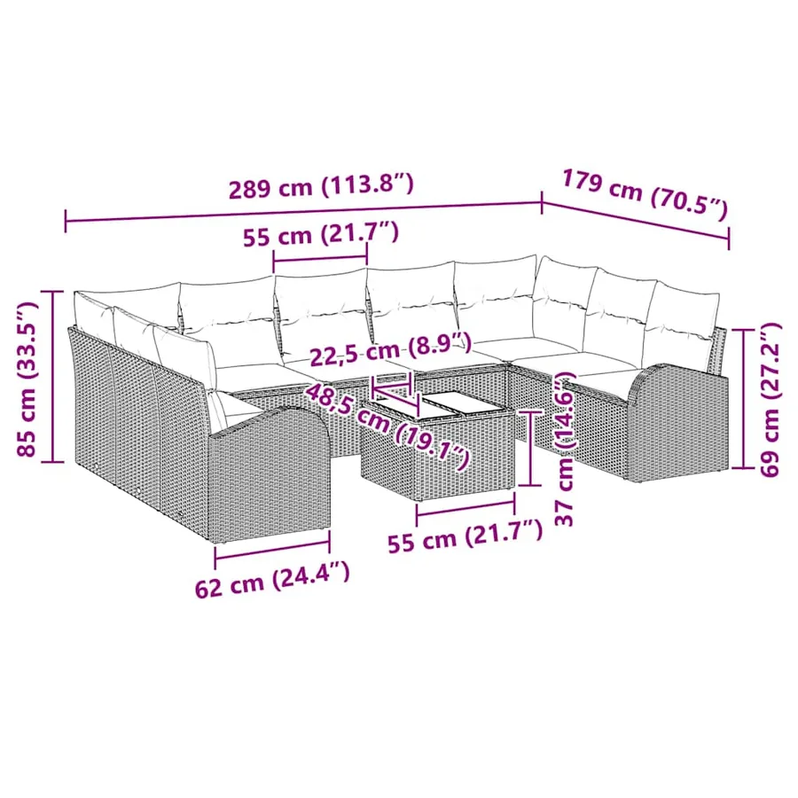 Ensemble de canapé de jardin 10 pcs Marron et blanc polyrotin - 17