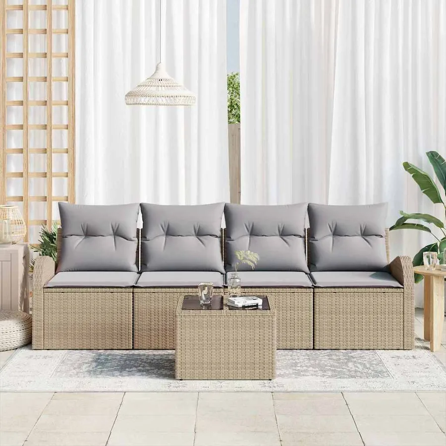 Ensemble de canapé de jardin 5 pcs Beige et gris polyrotin - 3