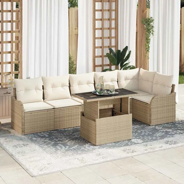 Ensemble de Canapés avec coussin 7 pcs Beige Poly rotin