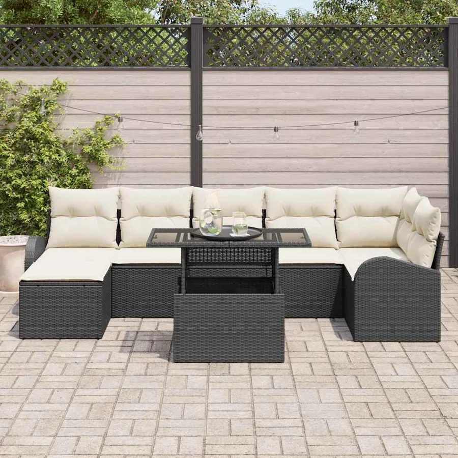 Ensemble de canapé de jardin 8 pcs Noir et Crème polyrotin - 3