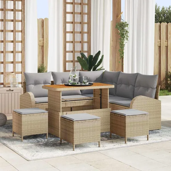 Ensemble de canapé de jardin avec coussin 9 pcs Beige polyrotin
