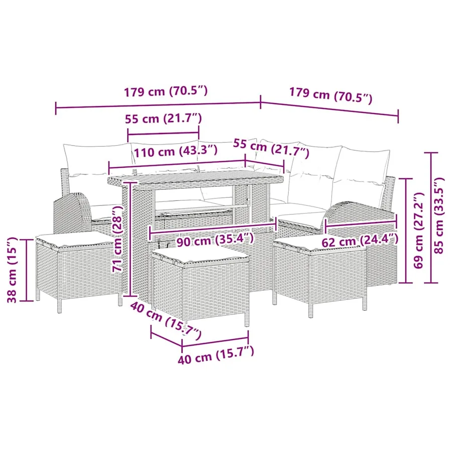 Ensemble de canapé de jardin avec coussin 9 pcs Beige polyrotin - 14
