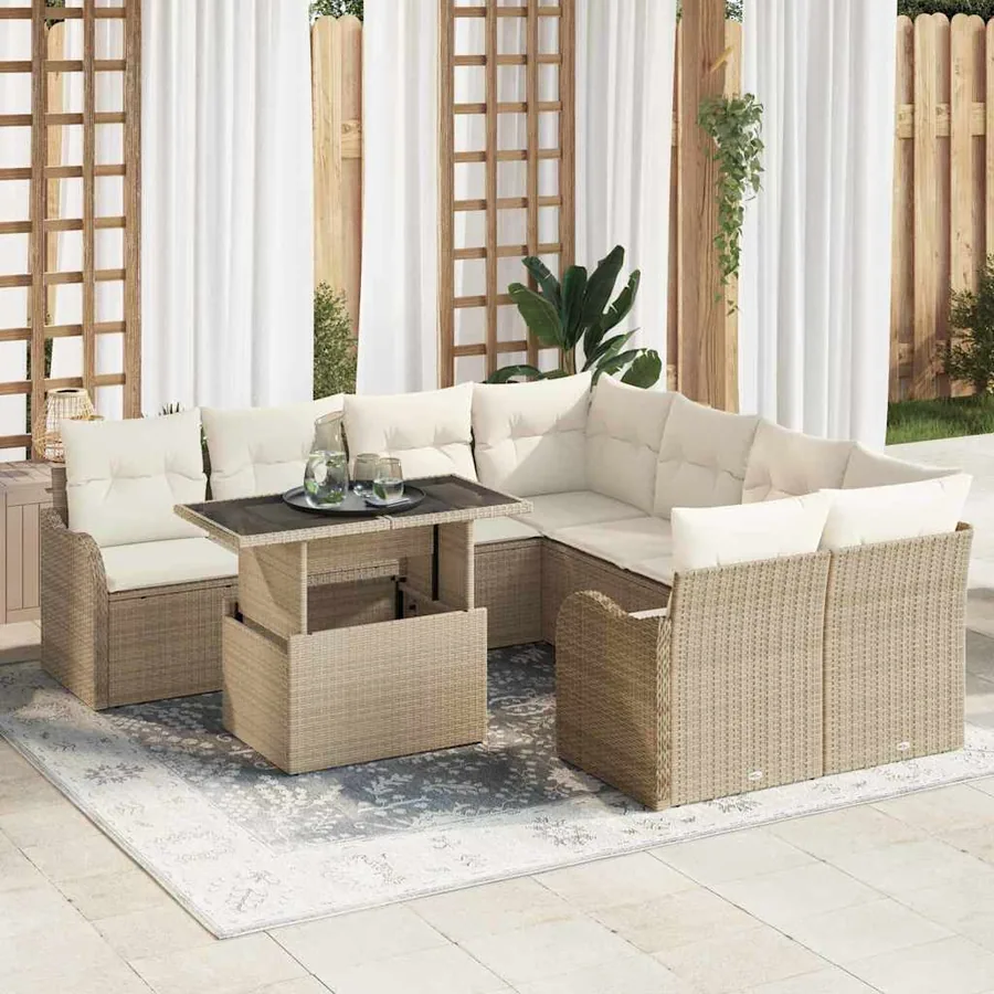 Ensemble de canapé de jardin 9 pcs Beige Poly rotin