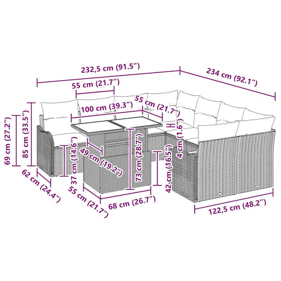 Ensemble de canapé de jardin 9 pcs Beige Poly rotin - 11