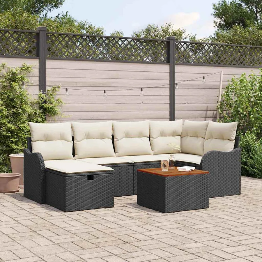 Ensemble de canapé de jardin avec coussin 7 pcs Noir Poly rotin