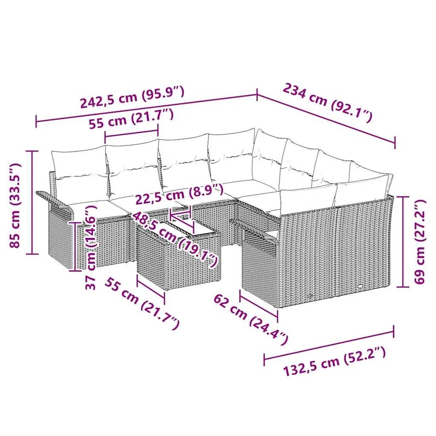 Ensemble de canapé de jardin 9 pcs Marron Poly rotin - 13