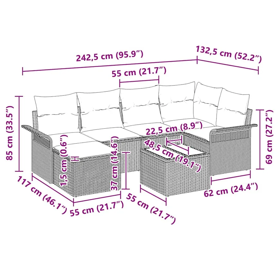 Ensemble de canapé de jardin 7 pcs Marron Poly rotin - 15