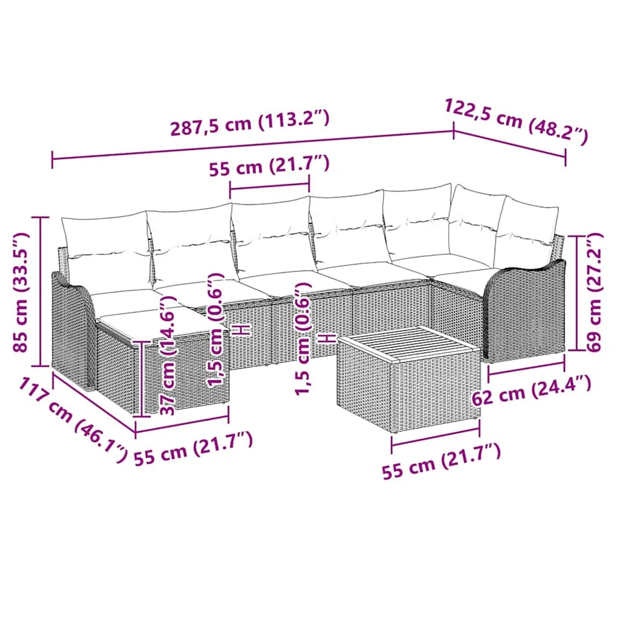 Ensemble de canapé de jardin avec coussin 8 pcs Noir polyrotin - 8