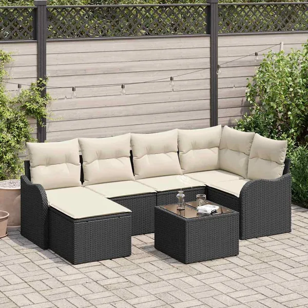Ensemble de canapé de jardin avec coussin 7 pcs Noir Poly rotin