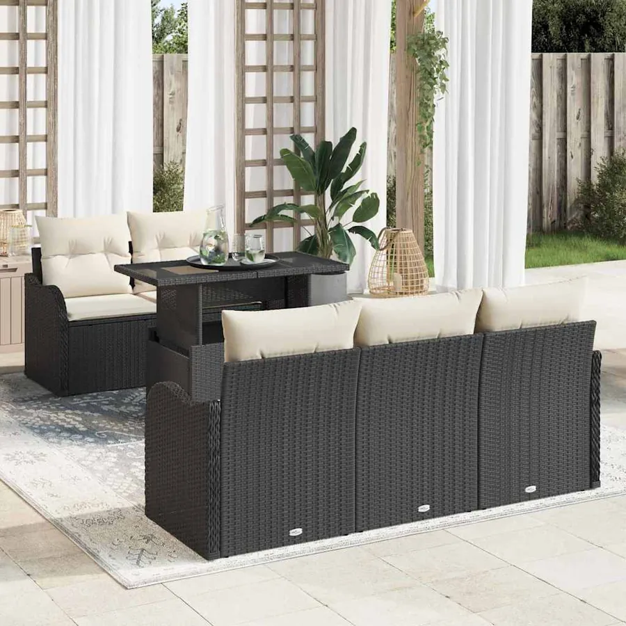 Ensemble de canapé de jardin 6 pcs Noir et Crème polyrotin