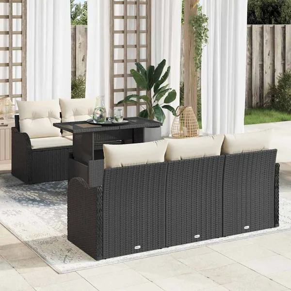 Ensemble de canapé de jardin 6 pcs Noir et Crème polyrotin