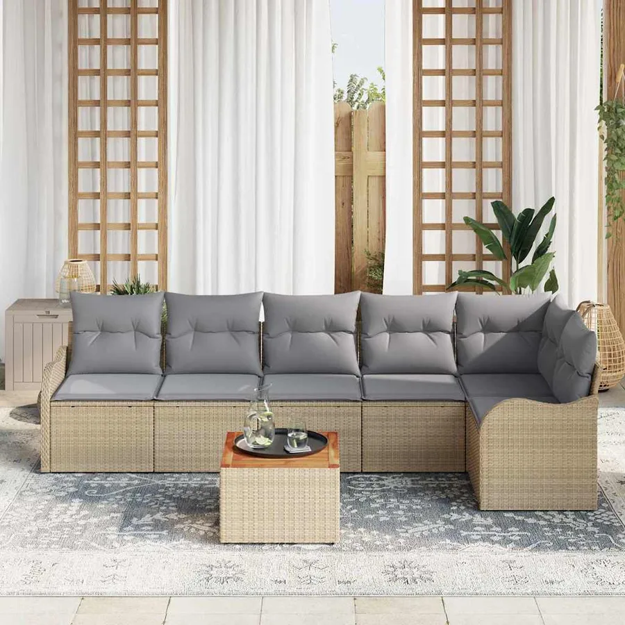 Ensemble de canapé de jardin avec coussin 7 pcs Beige polyrotin - 3