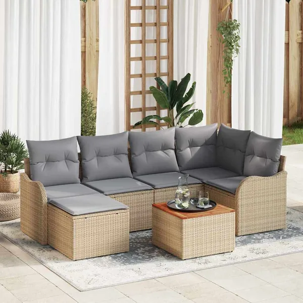Ensemble de canapé de jardin avec coussin 7 pcs Beige polyrotin