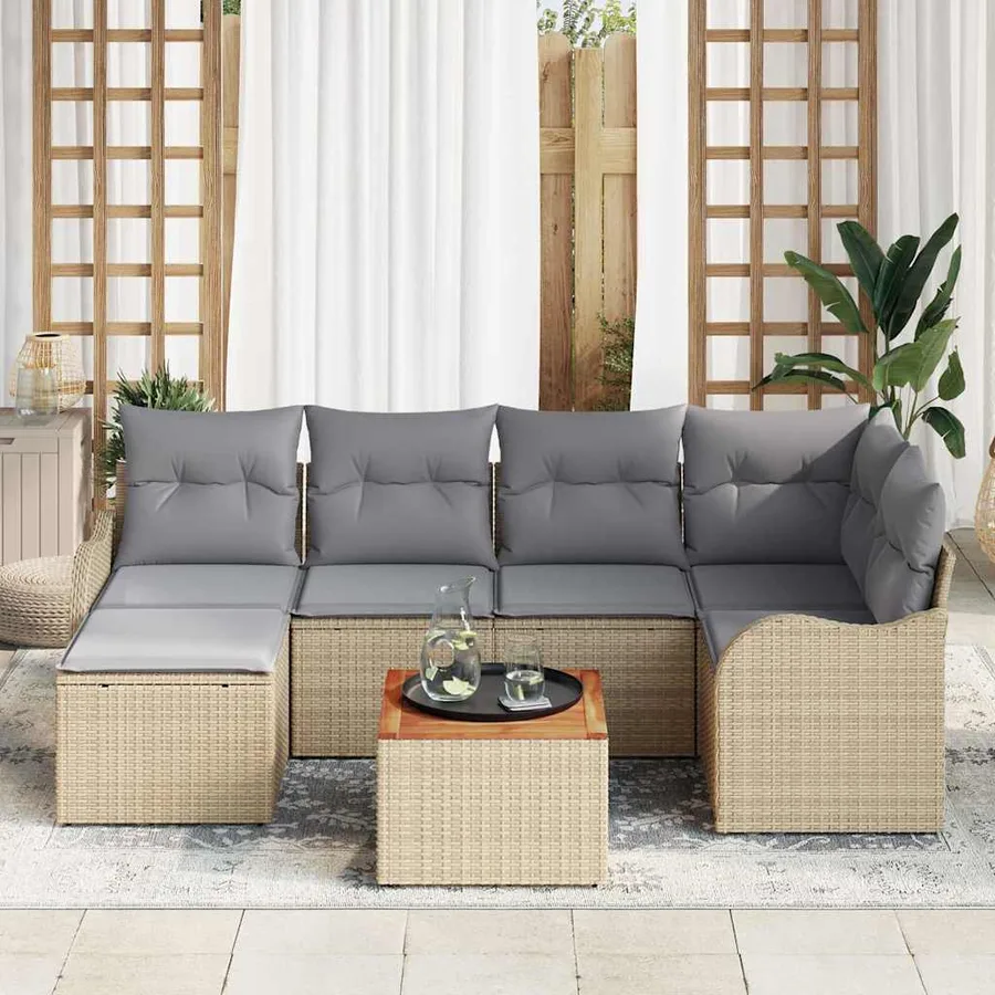 Ensemble de canapé de jardin avec coussin 7 pcs Beige polyrotin - 3
