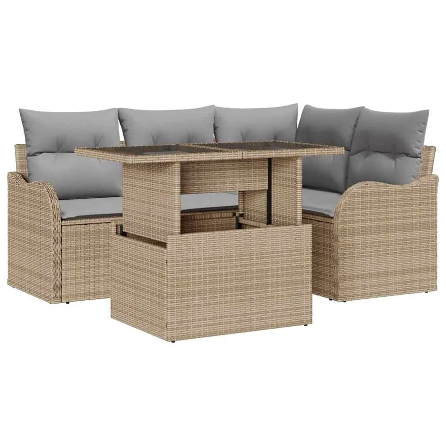 Ensemble de repas extérieur avec coussin 5 pcs Beige Poly rotin - 2