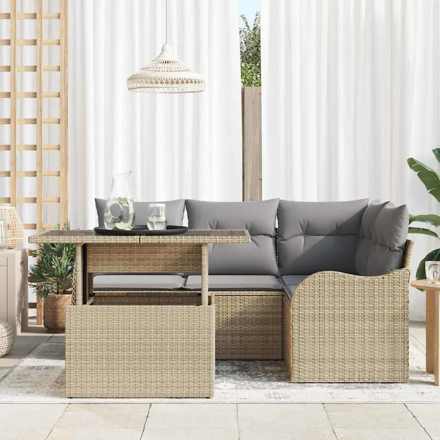 Ensemble de repas extérieur avec coussin 5 pcs Beige Poly rotin - 3