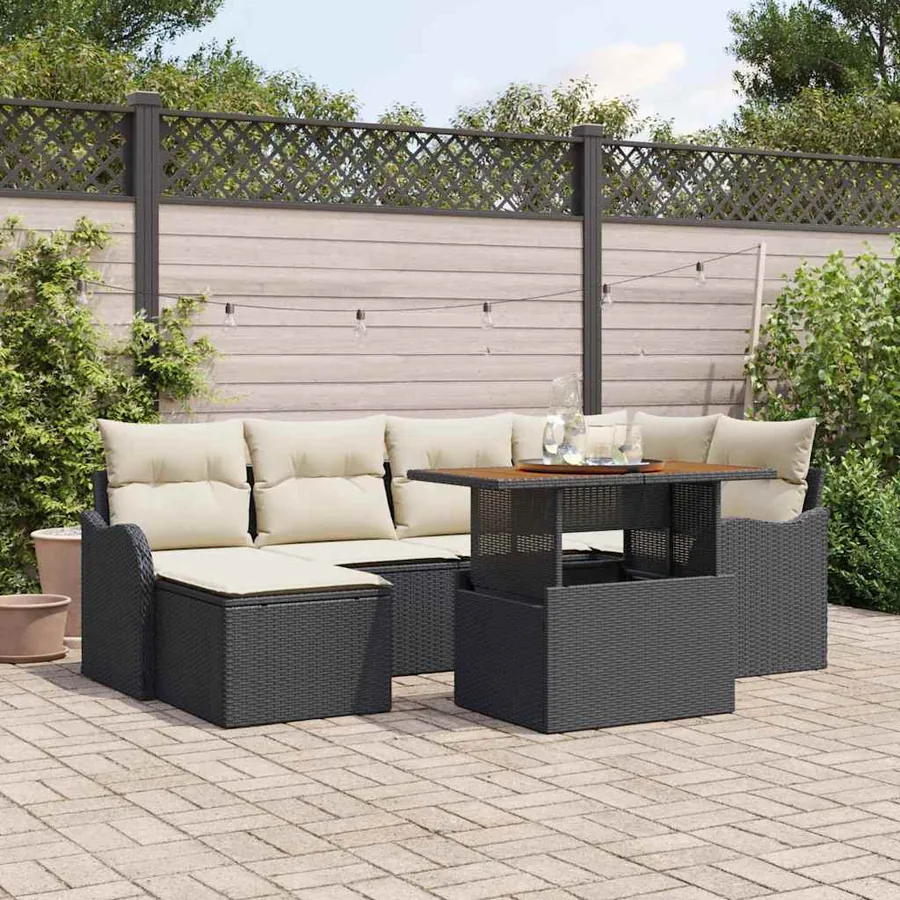 Ensemble de canapé de jardin 7 pcs Noir Poly rotin