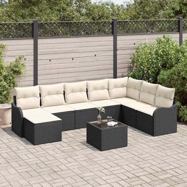 Ensemble de canapé de jardin 9 pcs Noir et blanc Poly rotin
